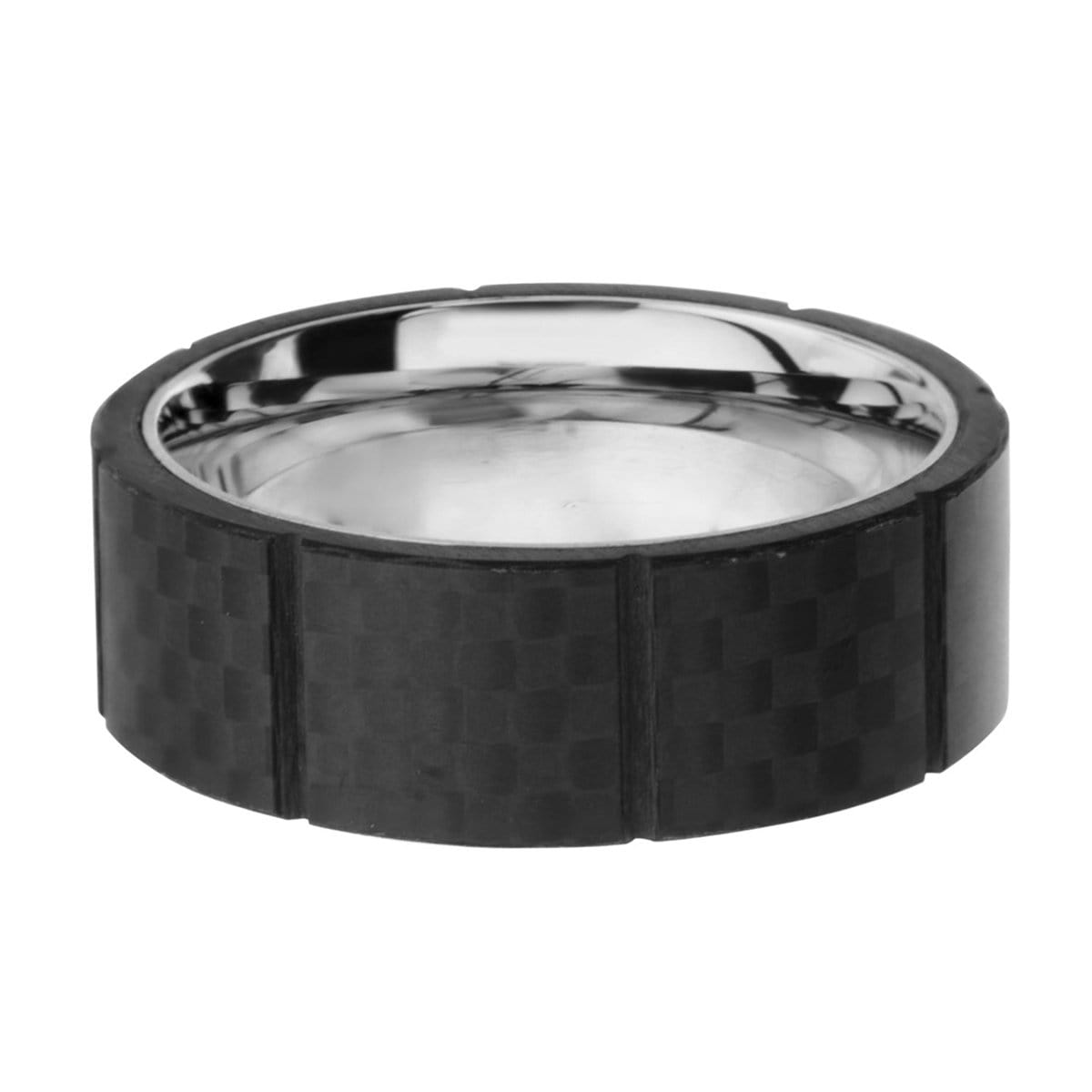 INOX JEWELRY Rings Silver Tone Stainless Steel Full Black Solid Carbon Fiber Ridge Band Ring