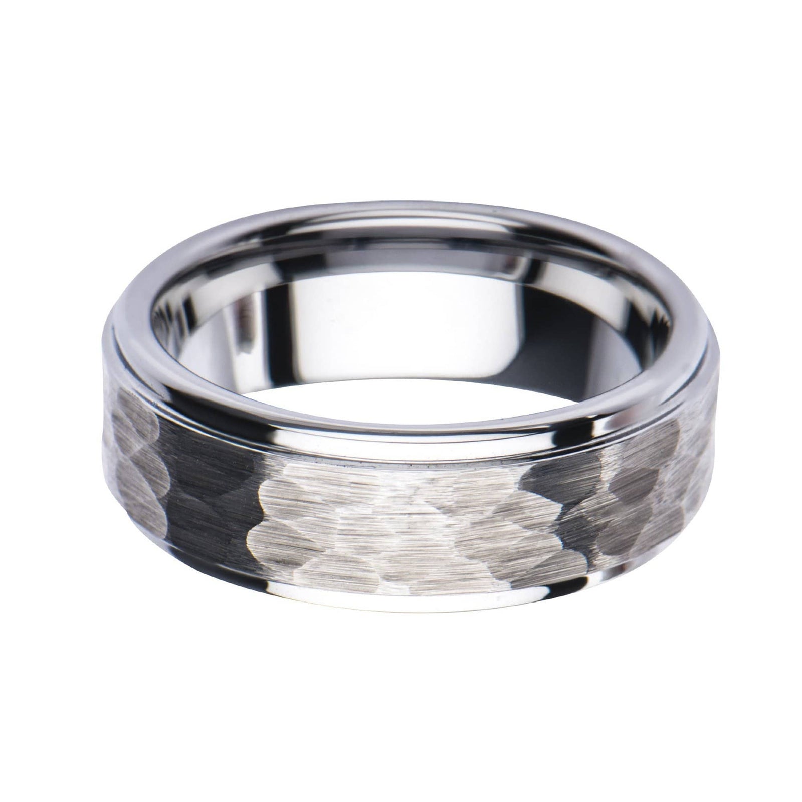 INOX JEWELRY Rings Silver Tone Stainless Steel Hammered Finish Polished Wedding Band Ring