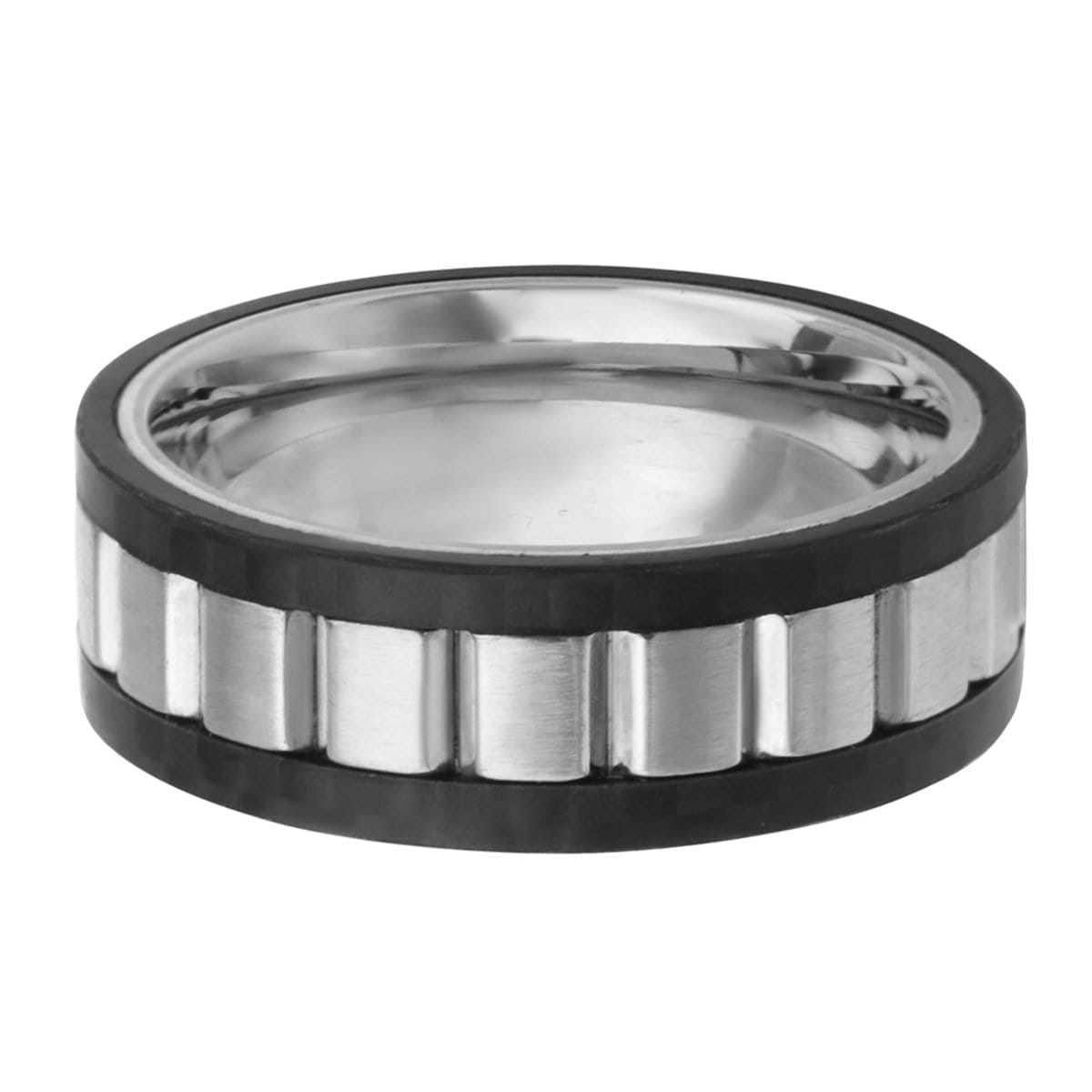INOX JEWELRY Rings Silver Tone Stainless Steel Large Ridged Center Band with Carbon Fiber Detail