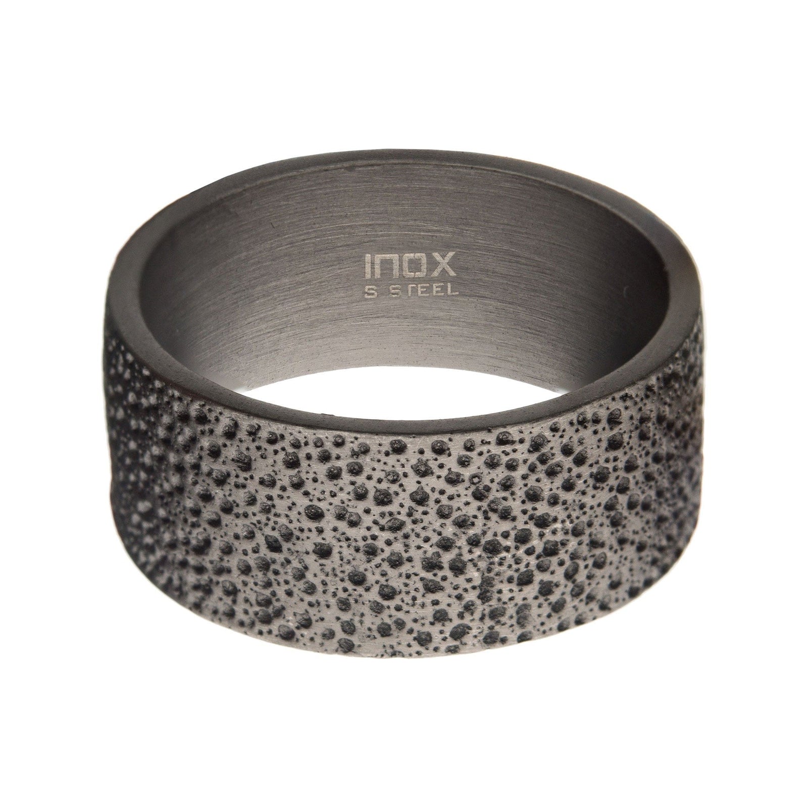 INOX JEWELRY Rings Silver Tone Stainless Steel Matte and Antique Finish Magma Pattern Band Ring