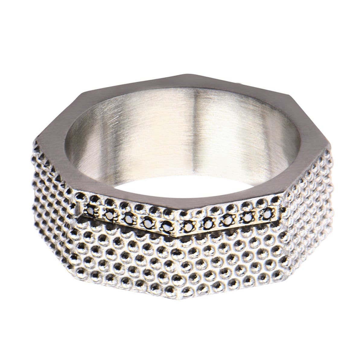 INOX JEWELRY Rings Silver Tone Stainless Steel Matte Finished Black CZ Dotted Ring