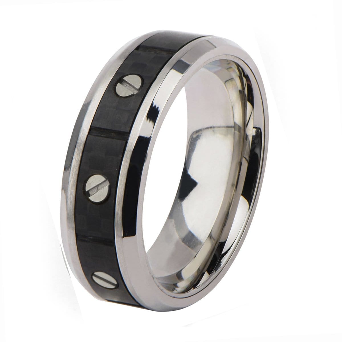 INOX JEWELRY Rings Silver Tone Stainless Steel Screw with Solid Carbon Fiber Band