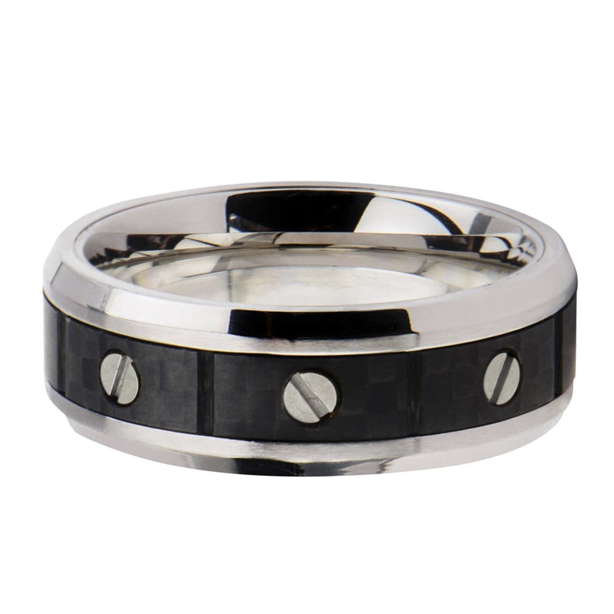 INOX JEWELRY Rings Silver Tone Stainless Steel Screw with Solid Carbon Fiber Band