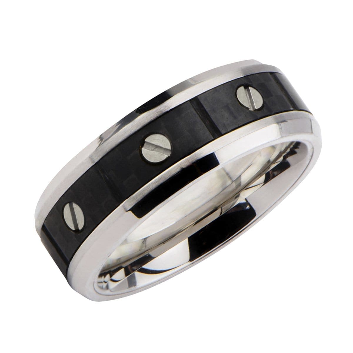 INOX JEWELRY Rings Silver Tone Stainless Steel Screw with Solid Carbon Fiber Band