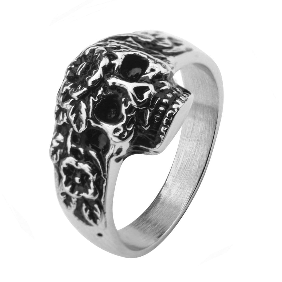 INOX JEWELRY Rings Silver Tone Stainless Steel Skull with Carved Flowers Ring