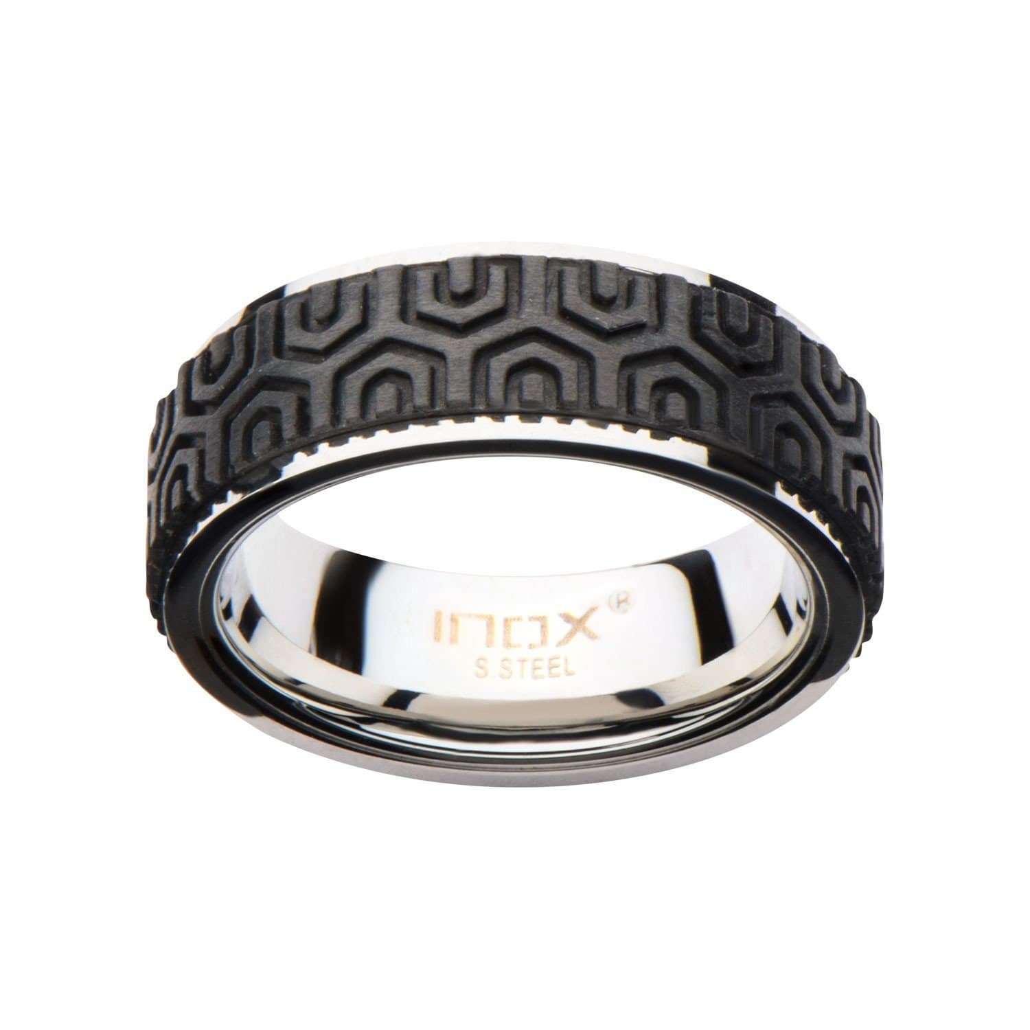 INOX JEWELRY Rings Silver Tone Stainless Steel Treated Solid Carbon Fiber Geometrical Pattern Band FR16R4