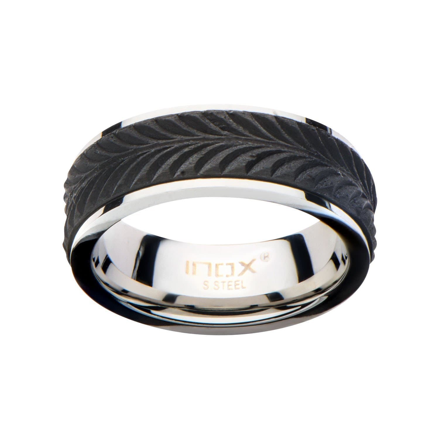 INOX JEWELRY Rings Silver Tone Stainless Steel Treated Solid Carbon Fiber Tire Patterned Band FR16R3