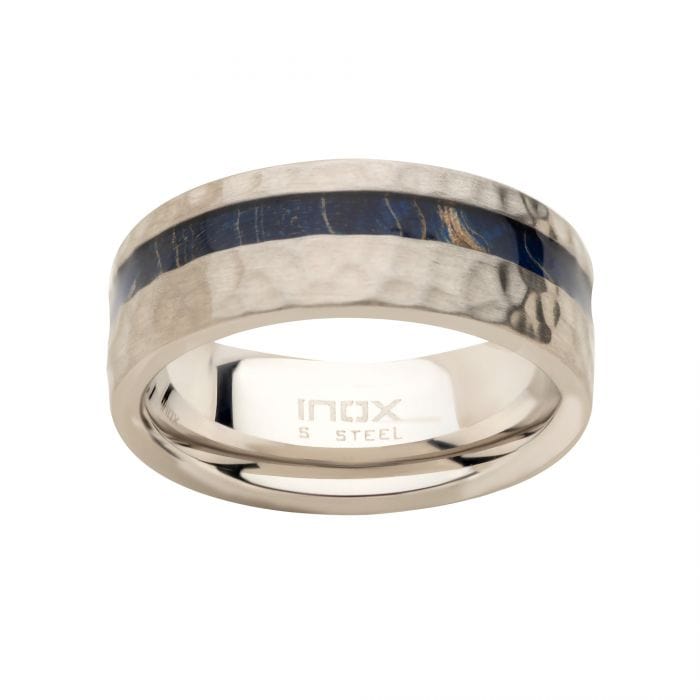 INOX JEWELRY Rings Silver Tone Stainless Steel with Blue Dyed Wood Inlay Band Ring