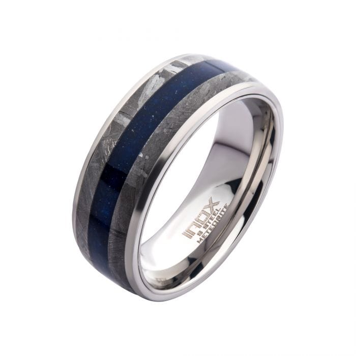 INOX JEWELRY Rings Silver Tone Stainless Steel with Genuine Meteorite and Lapis Lazuli Band Ring FRMT1371-10