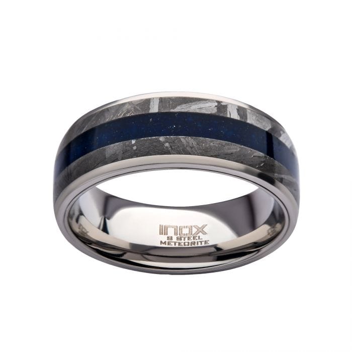 INOX JEWELRY Rings Silver Tone Stainless Steel with Genuine Meteorite and Lapis Lazuli Band Ring FRMT1371-10