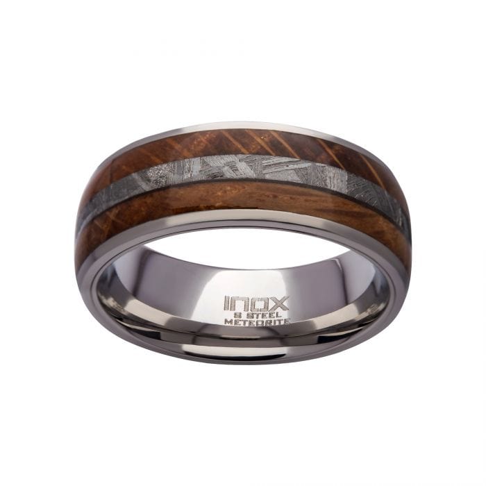INOX JEWELRY Rings Silver Tone Stainless Steel with Genuine Meteorite and Whisky Barrel Inlay Band Ring FRMT1370-9
