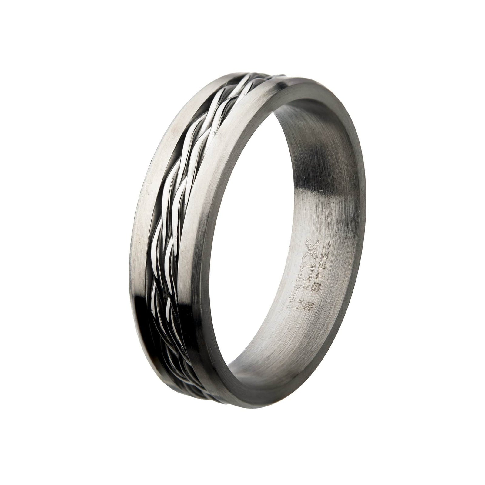 INOX JEWELRY Rings Silver Tone Stainless Steel with Intertwined Cables 7mm Band Ring