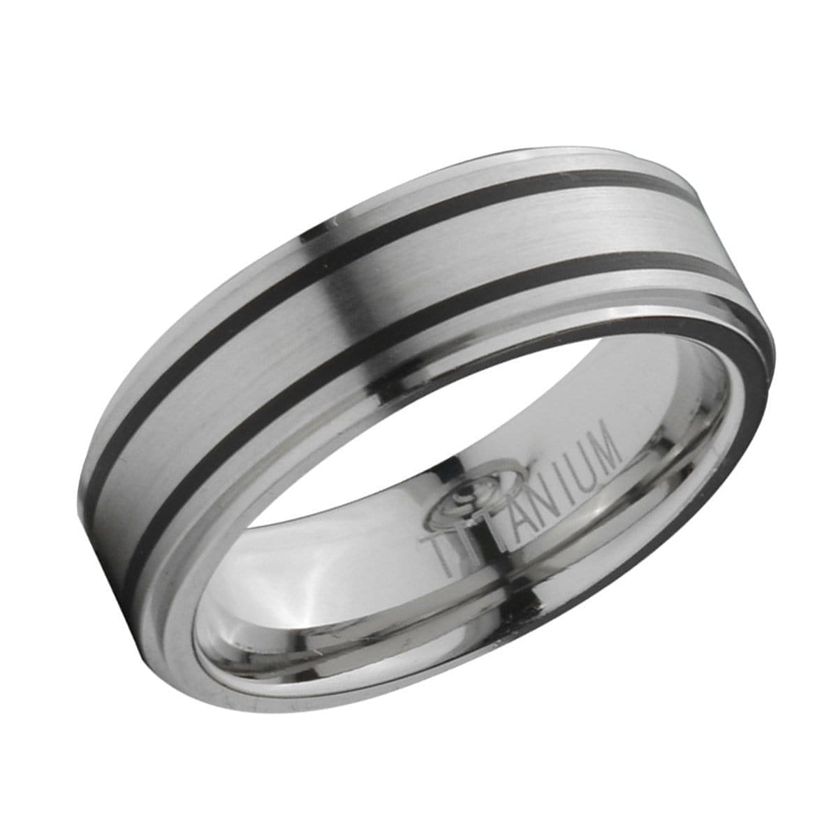 INOX JEWELRY Rings Silver Tone Titanium with Inlaid Black Rubber Band Ring