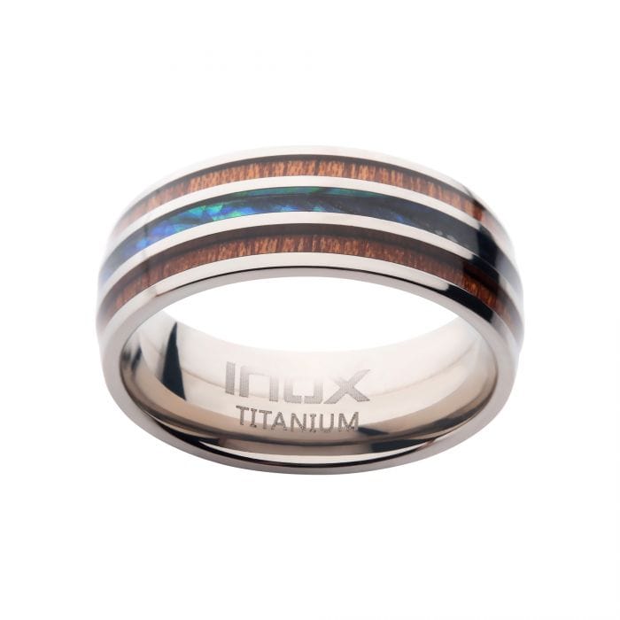INOX JEWELRY Rings Silver Tone Titanium with Inlaid Wood and Shell Band Ring