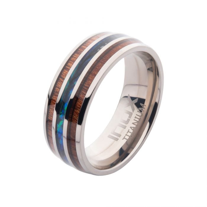 INOX JEWELRY Rings Silver Tone Titanium with Inlaid Wood and Shell Band Ring