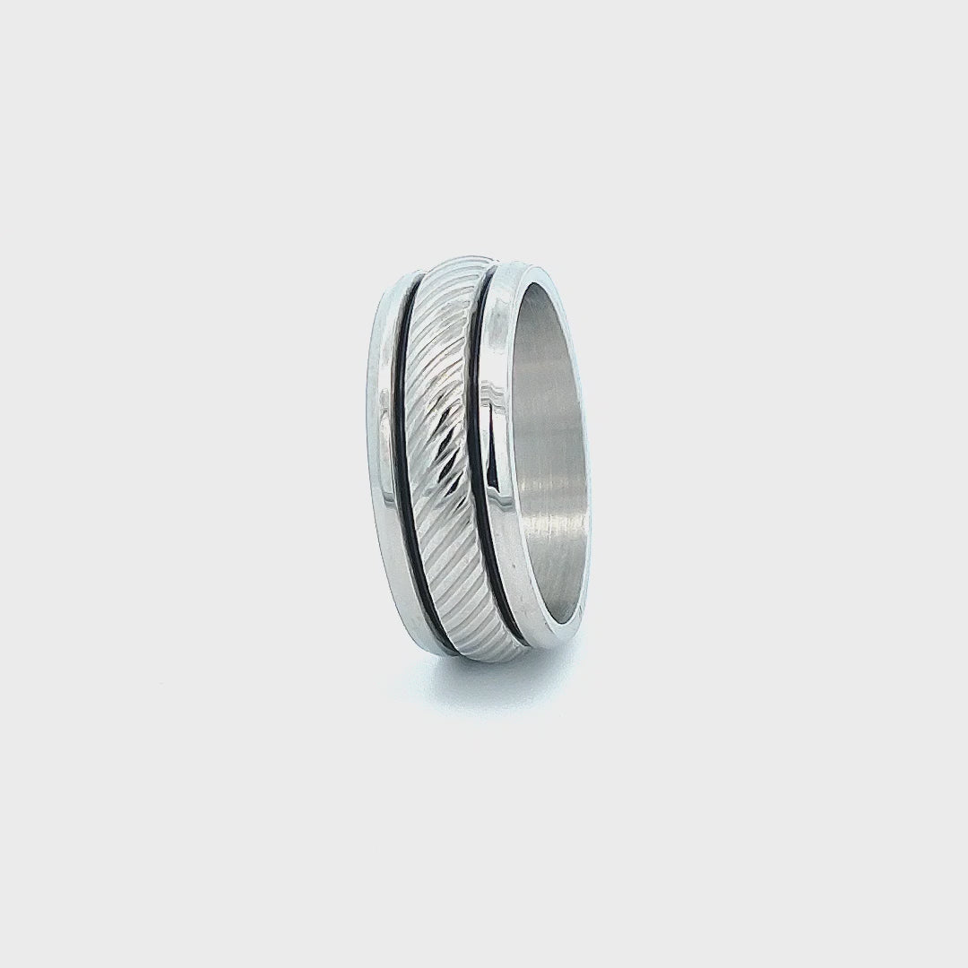 Silver Tone Stainless Steel Eternity Stripe Band Ring