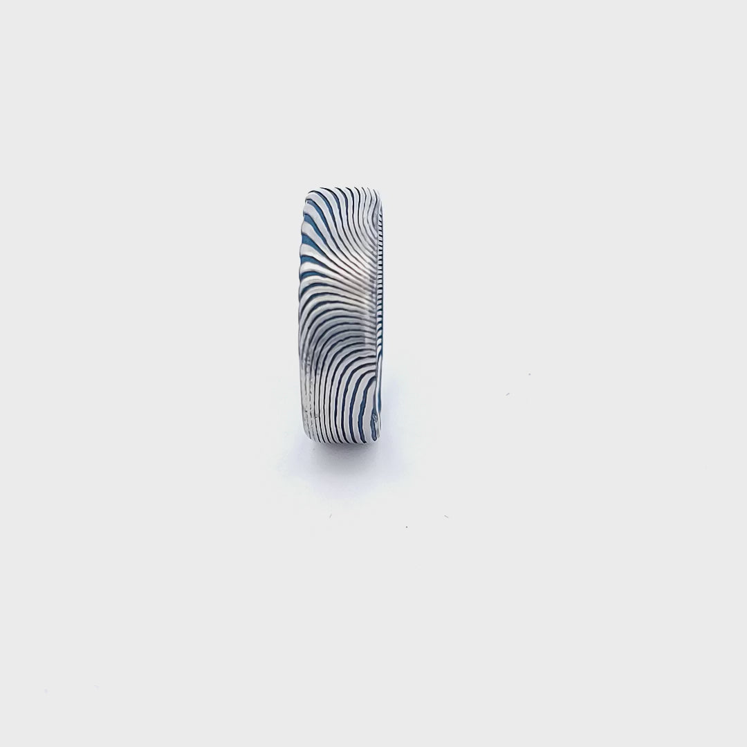 Damascus Steel Blue and Silver Tone 7mm Matte Ring