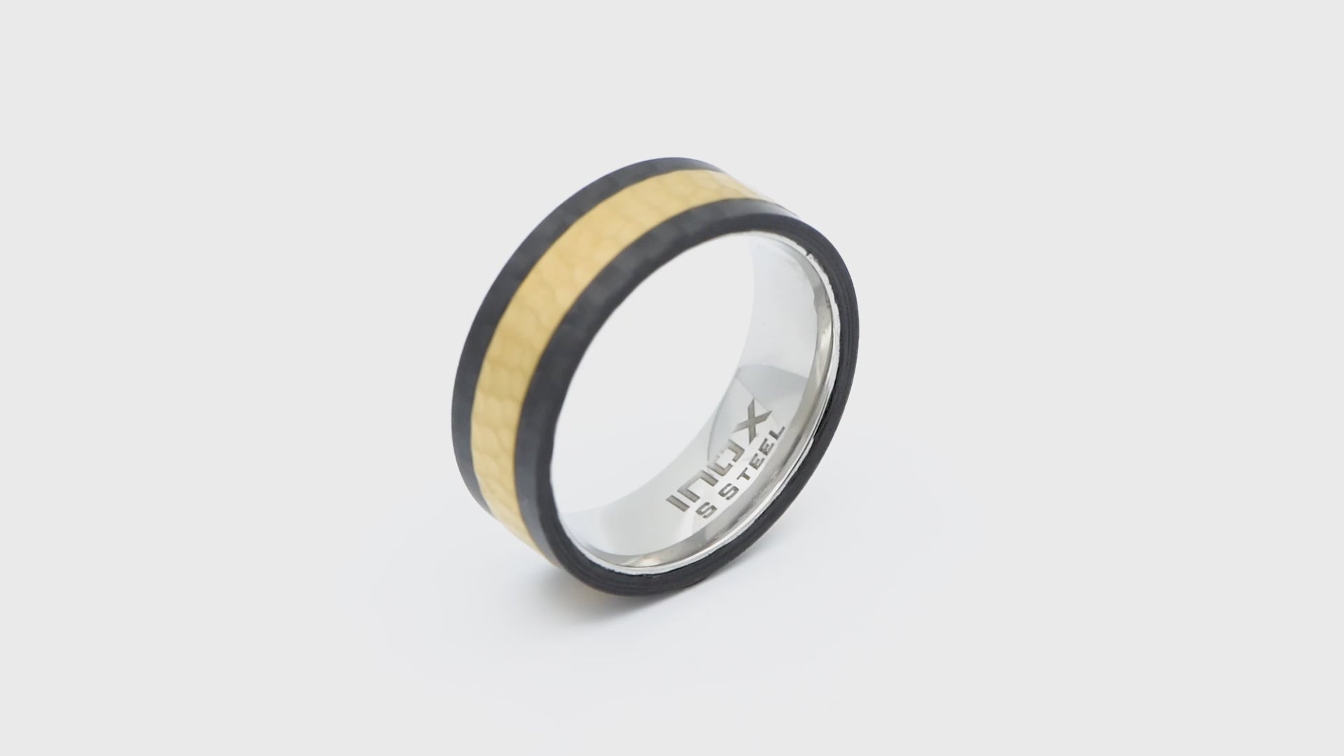 Black, Golden and Silver Tone Stainless Steel Carbon Fiber Hammered Band Ring