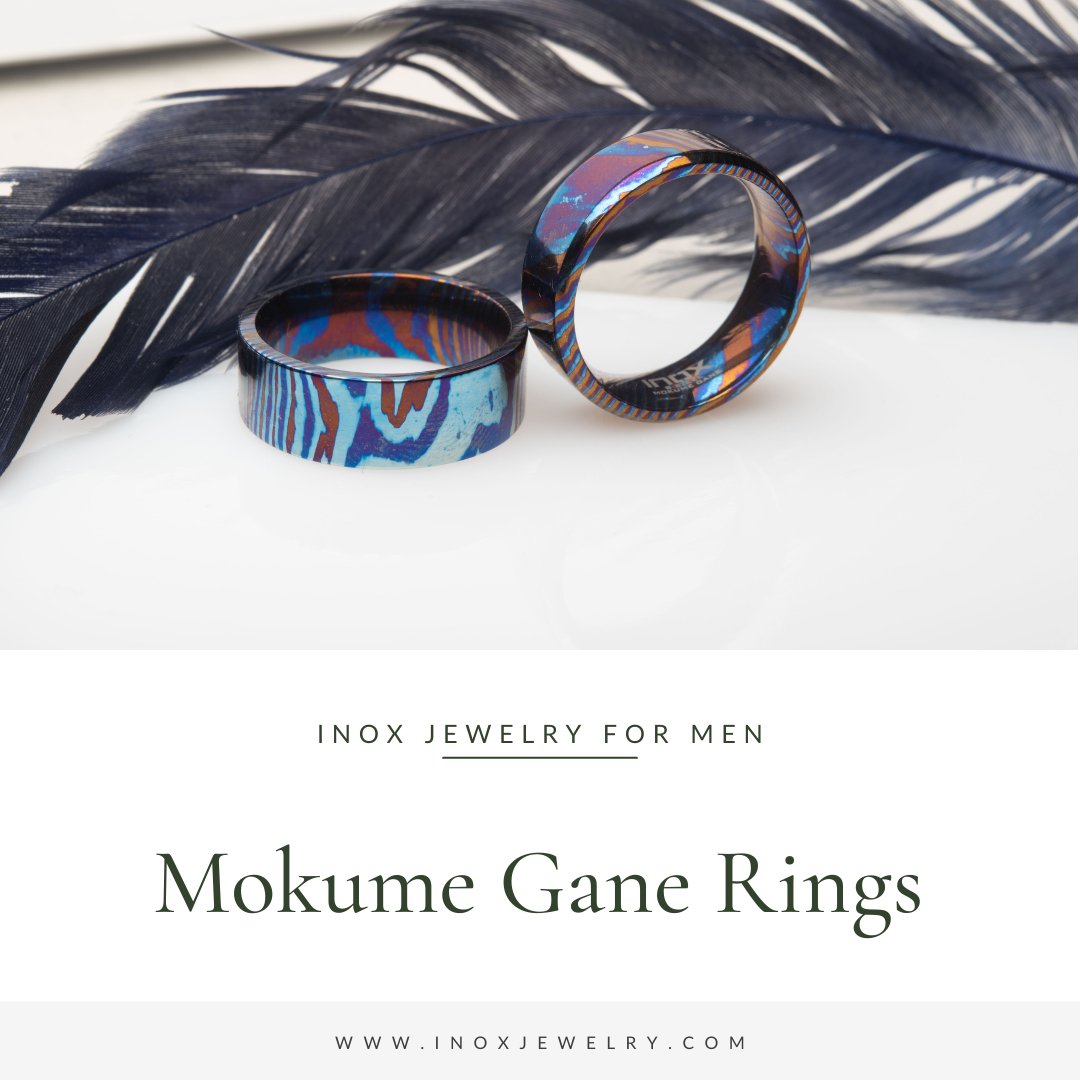 Mokume Gane Inlay Titanium Rings - INOX Jewelry for Men