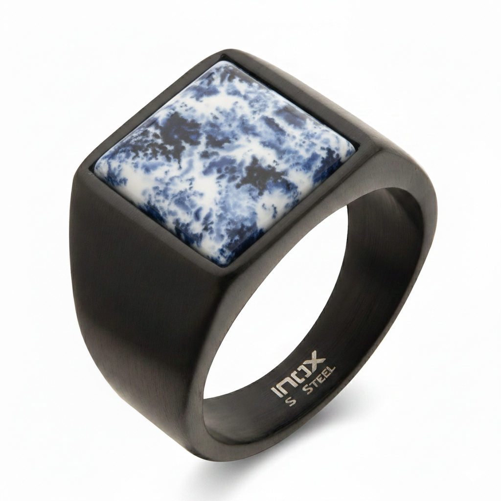 Black Tone Stainless Steel Matte Finish with Polished Snowflake Stone Signet Ring