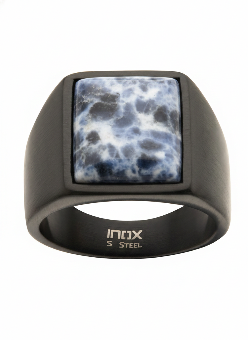 Black Tone Stainless Steel Matte Finish with Polished Snowflake Stone Signet Ring