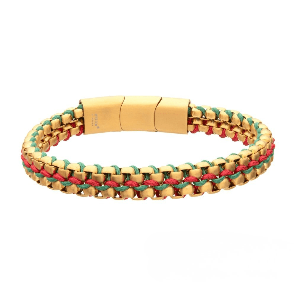 Gold IP Stainless Steel Bracelet with Red and Green Cords