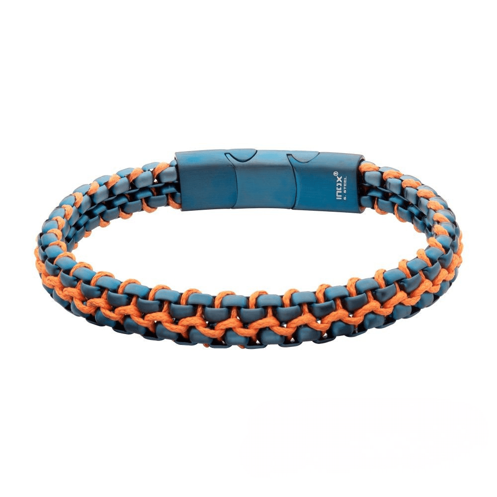 Blue Stainless Steel Box Chain with Orange Wax Cord Bracelet