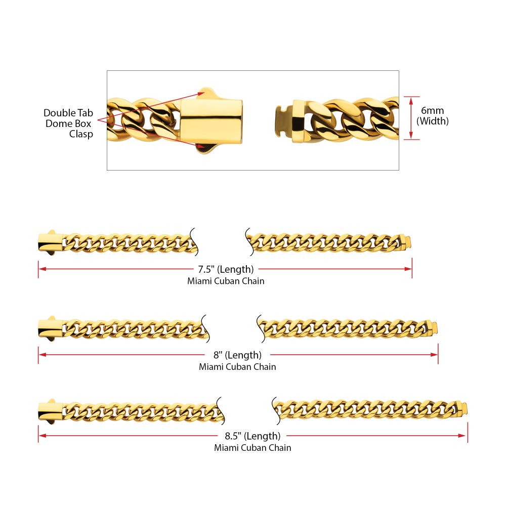 6mm High Polished 18Kt Gold IP Stainless Steel Heavy Miami Cuban Chain Bracelet