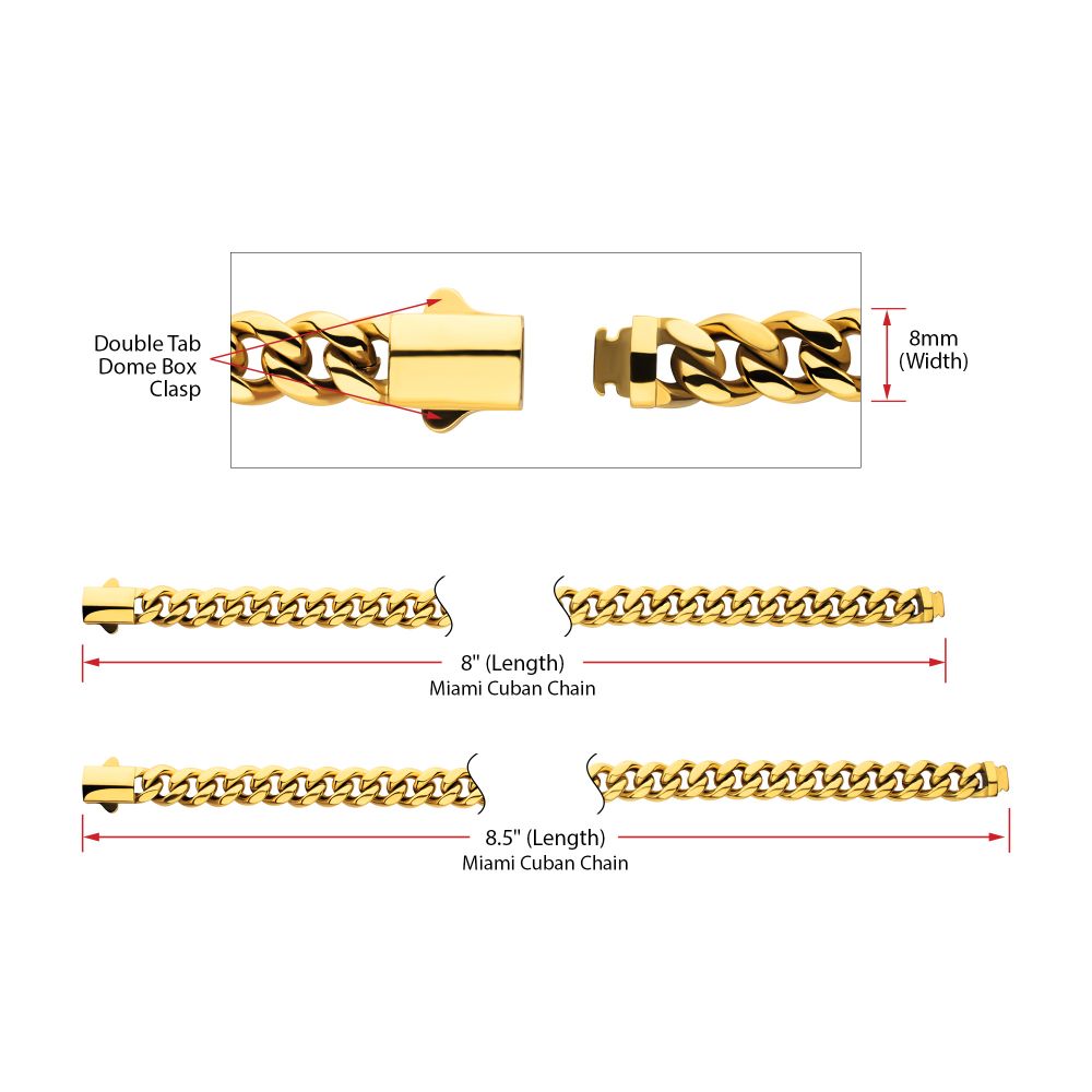 8mm High Polished 18Kt Gold IP Stainless Steel Heavy Miami Cuban Chain Bracelet