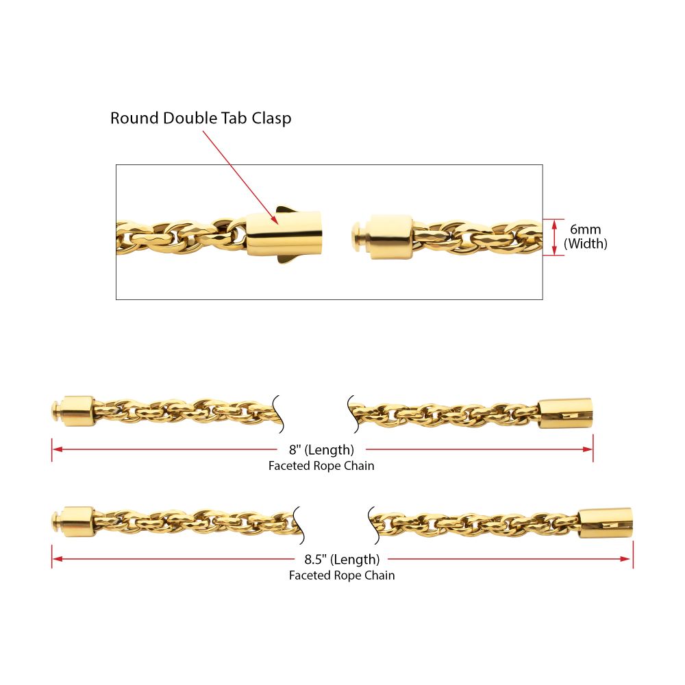 6mm 18Kt Gold IP Matte Finish Stainless Steel Faceted Rope Chain Bracelet