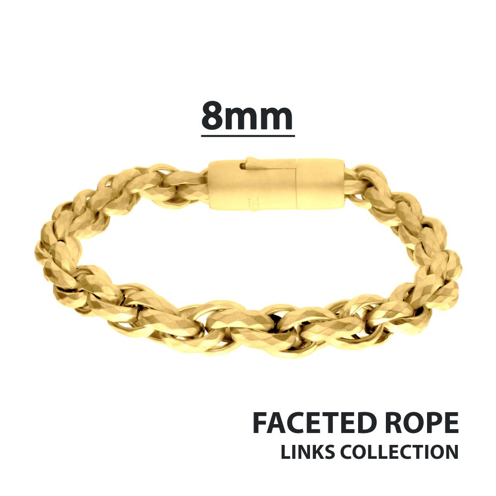 8mm 18Kt Gold IP Matte Finish Stainless Steel Faceted Rope Chain Bracelet