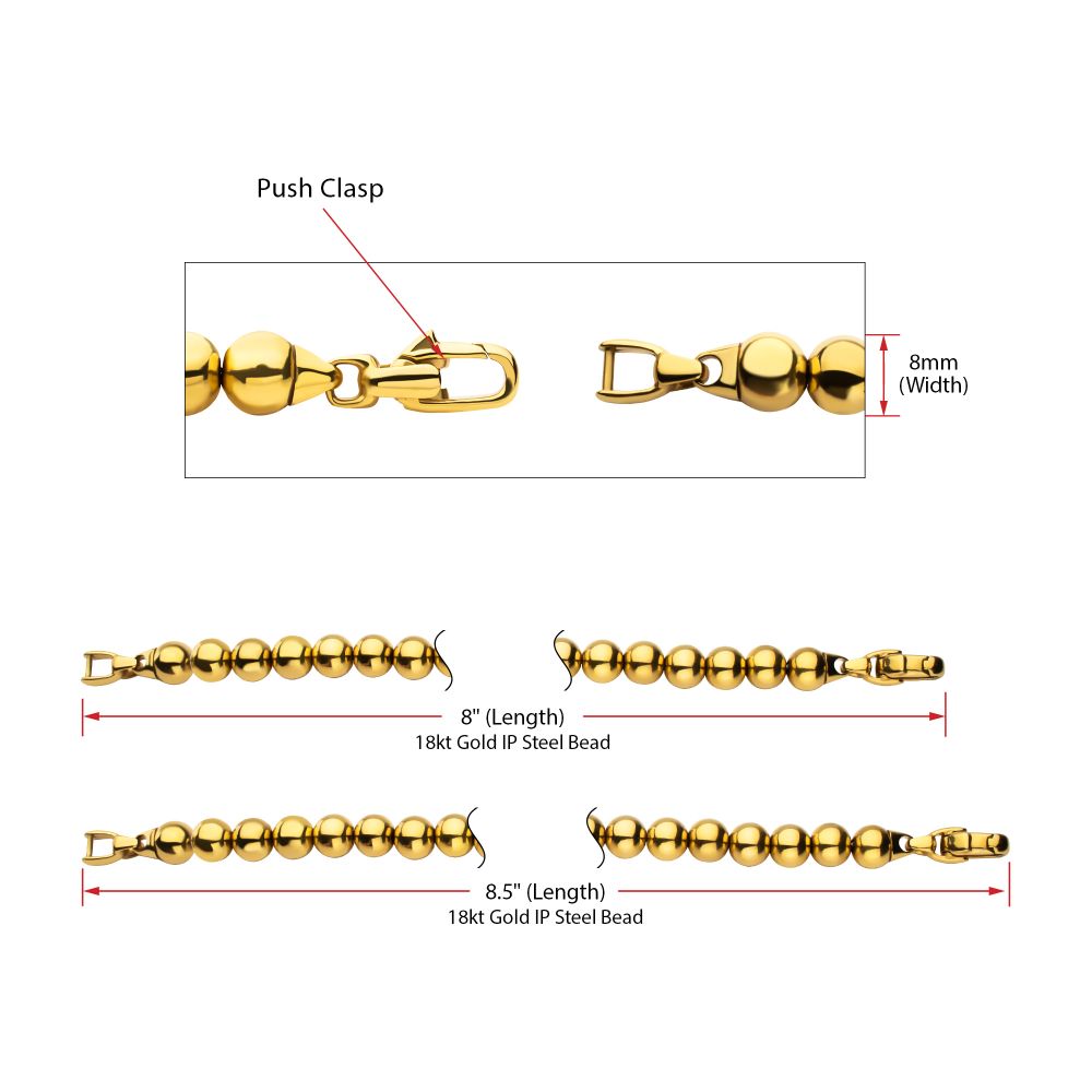 8mm Polished Finish 18Kt Gold IP Steel Bead Bracelet