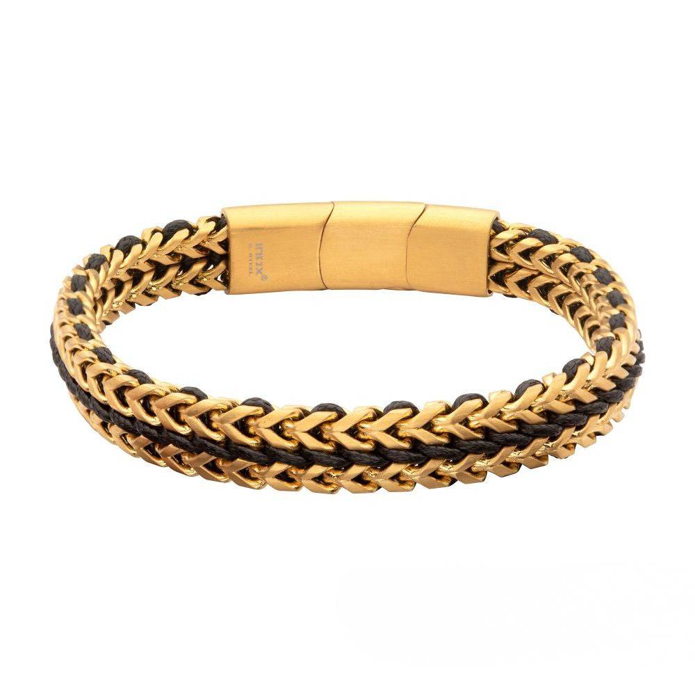 Matte Finish Gold IP Stainless Steel Foxtail Chain with Black Wax Cord Bracelet