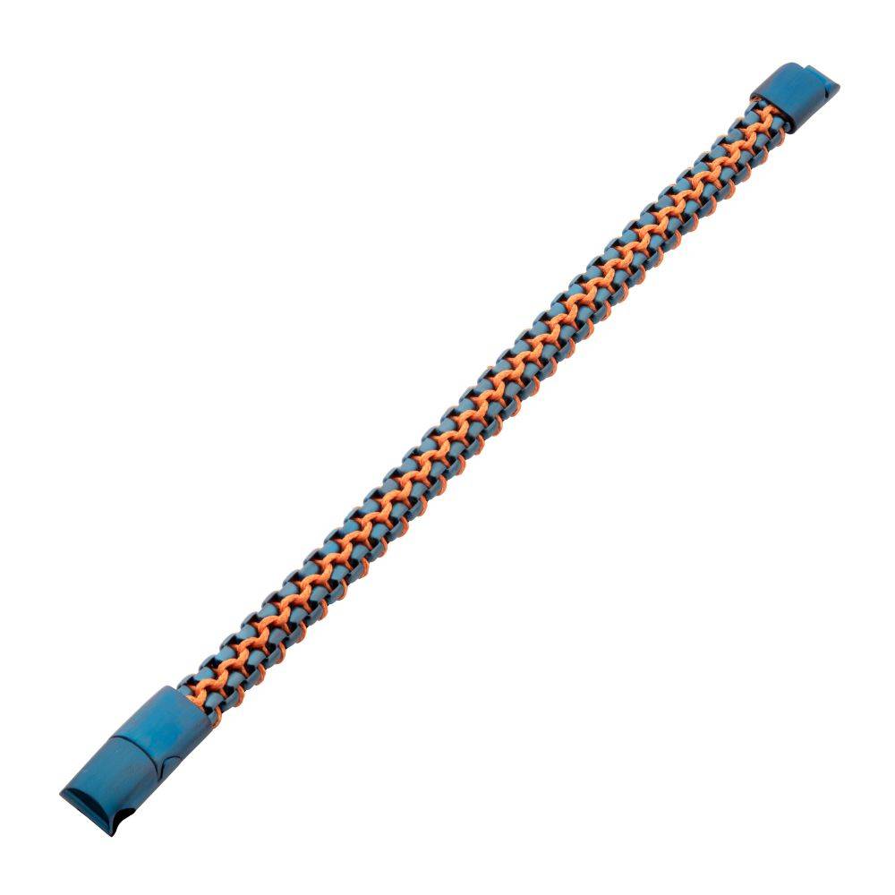 Blue Stainless Steel Box Chain with Orange Wax Cord Bracelet