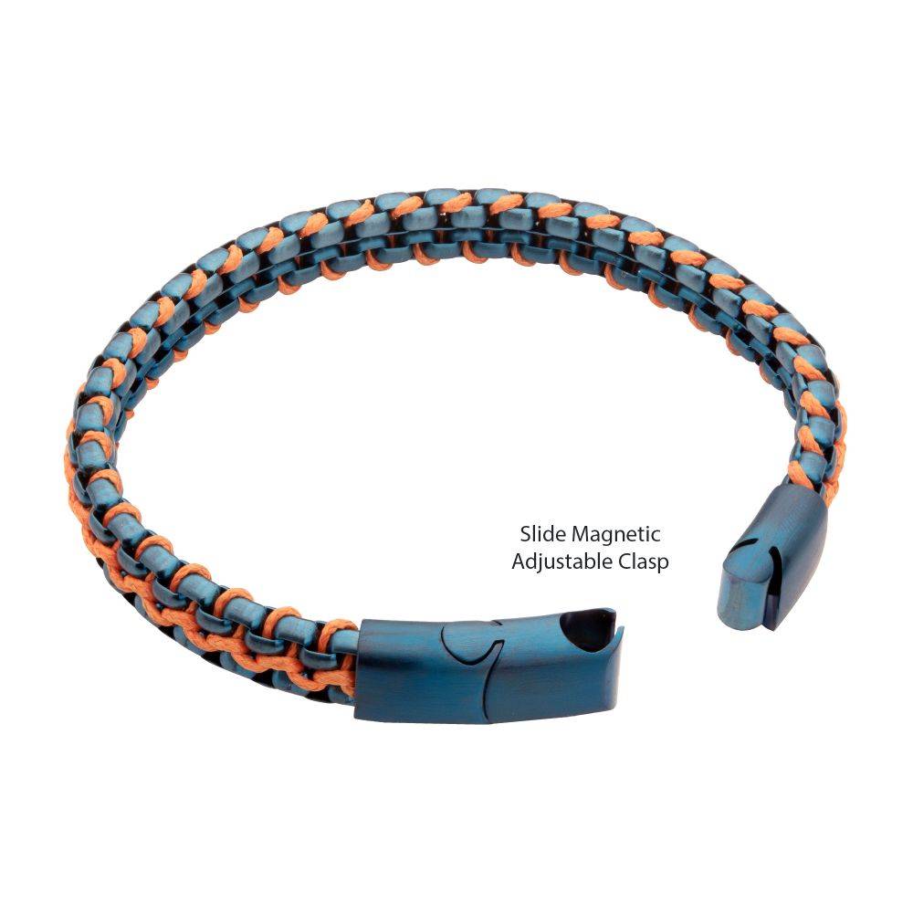 Blue Stainless Steel Box Chain with Orange Wax Cord Bracelet
