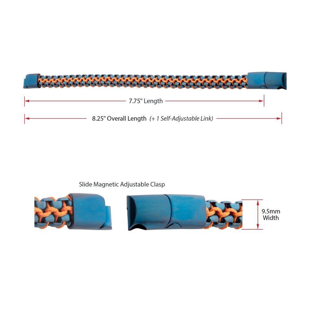 Blue Stainless Steel Box Chain with Orange Wax Cord Bracelet