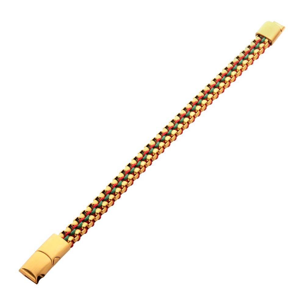 Gold IP Stainless Steel Bracelet with Red and Green Cords
