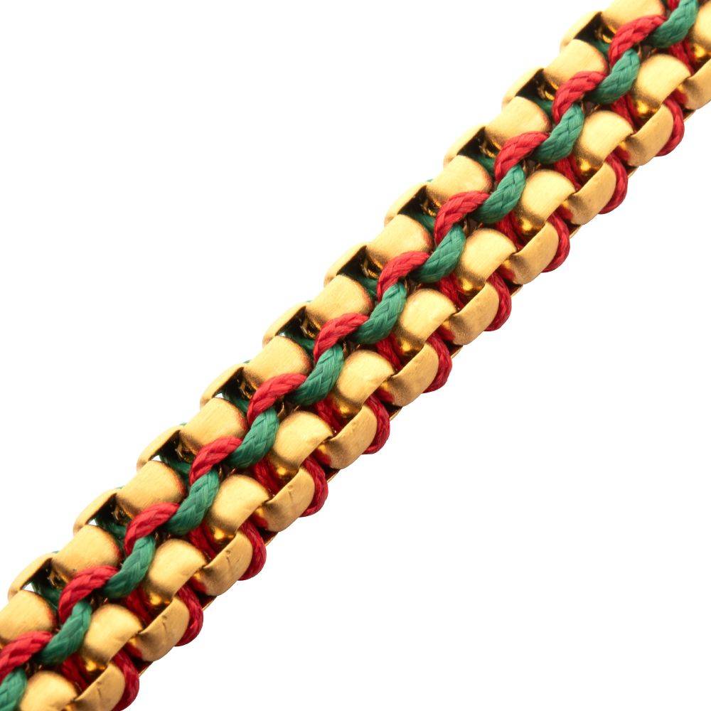 Gold IP Stainless Steel Bracelet with Red and Green Cords