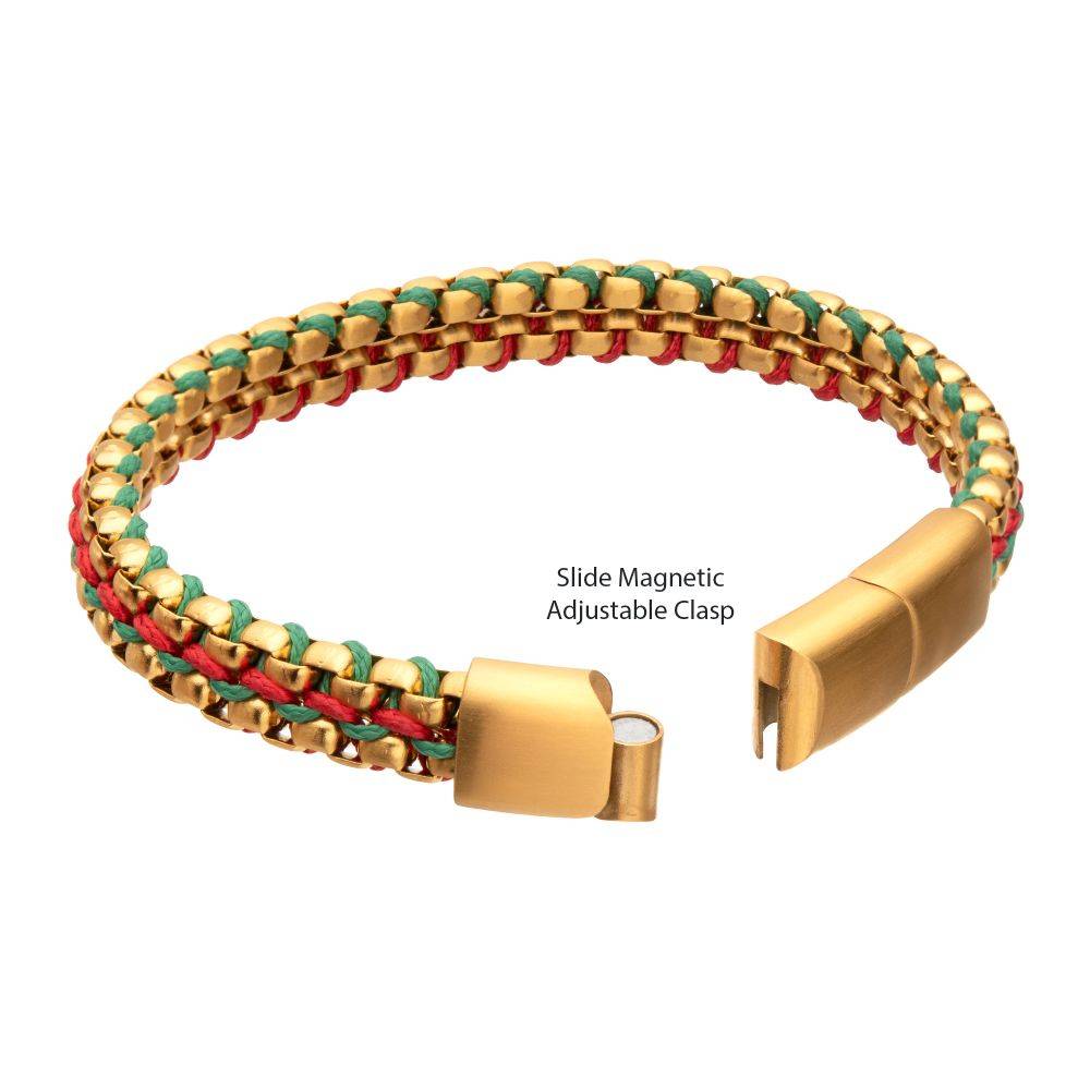 Gold IP Stainless Steel Bracelet with Red and Green Cords