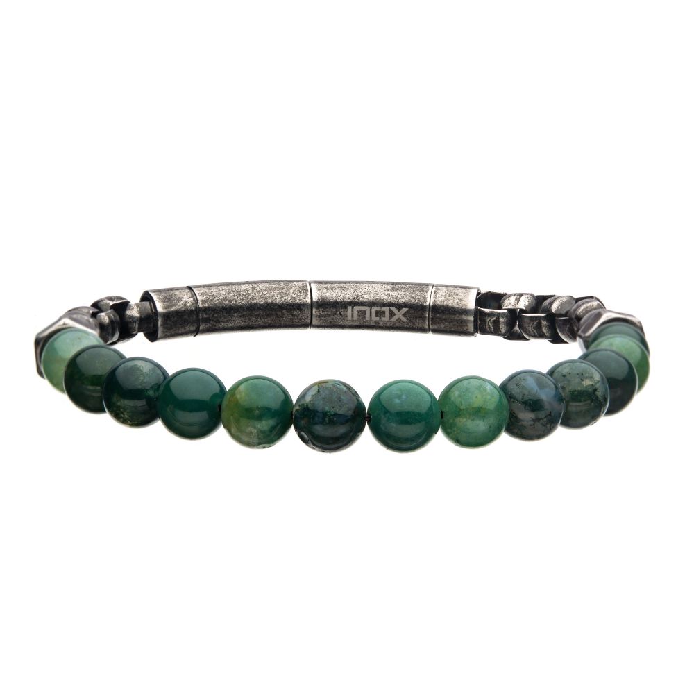 8mm Moss Agate Beads &amp; Box Chain Bracelet