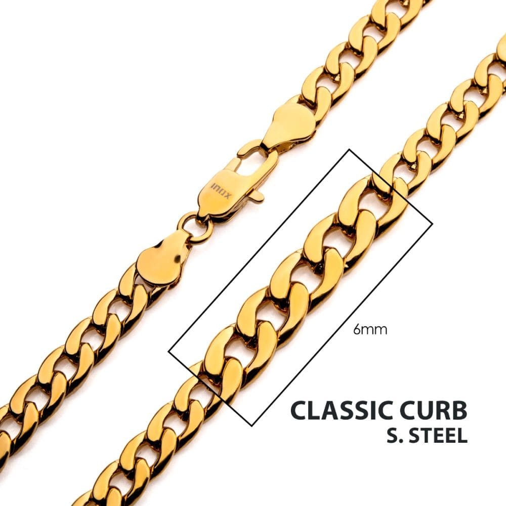 INOX JEWELRY Accessories 6mm 18Kt Gold IP Classic Curb Chain Necklace