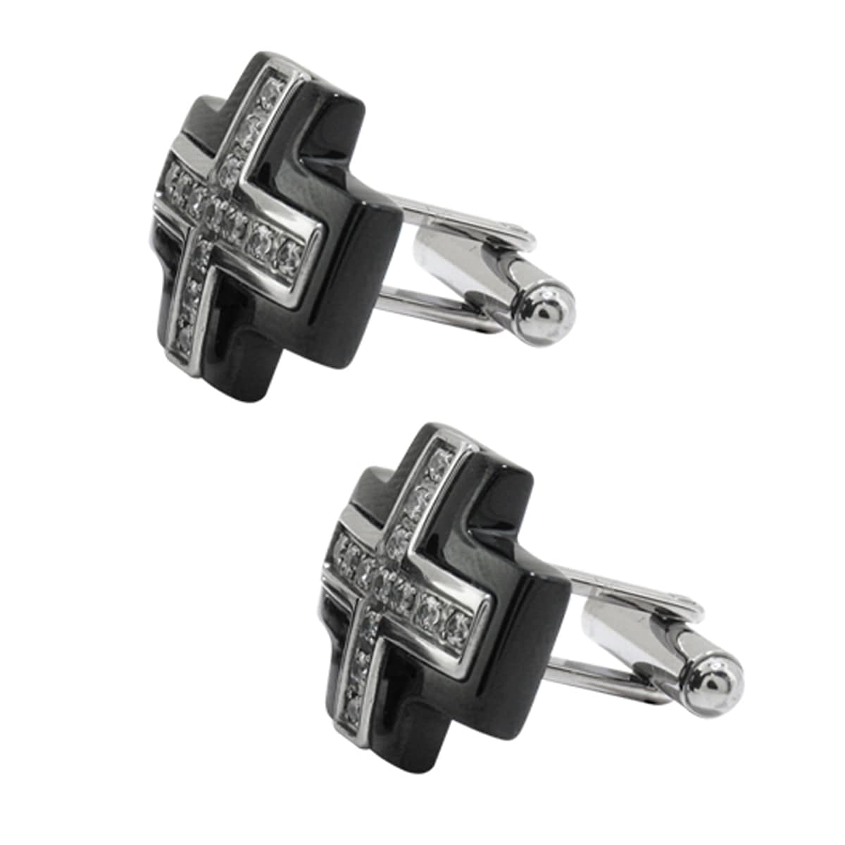 INOX JEWELRY Accessories Black and Silver Tone Stainless Steel with CZ Accent Cross Cufflinks SSC740