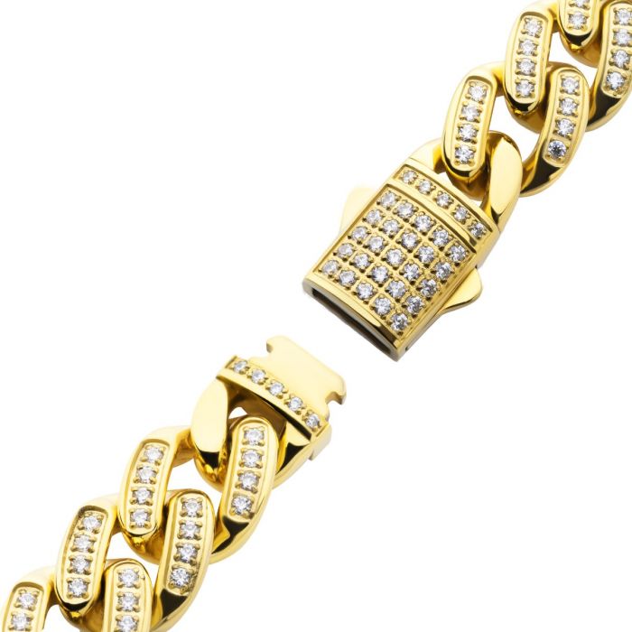 INOX JEWELRY Bracelets 12mm 18K Gold Ion Plated Stainless Steel Iced Miami Cuban Pattern with Cubic Zirconia Double Tab Box Clasp Bracelet NSTC2512-8GP