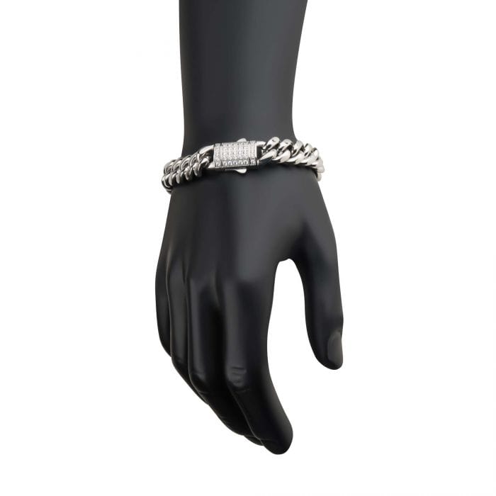 INOX JEWELRY Bracelets 12mm Silver Tone Stainless Steel Miami Cuban with CZ Double Tab Box Clasp Bracelet NSTC2112-85