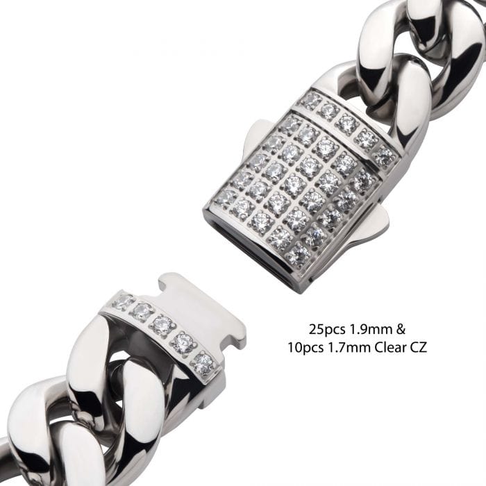 INOX JEWELRY Bracelets 12mm Silver Tone Stainless Steel Miami Cuban with CZ Double Tab Box Clasp Bracelet NSTC2112-85