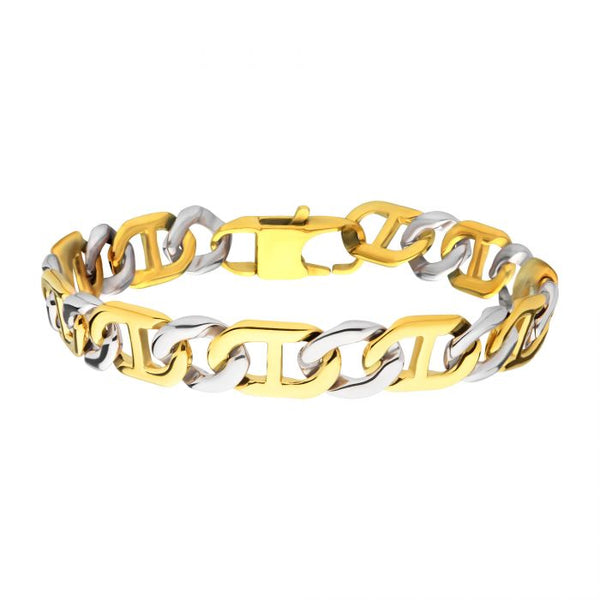 18K Gold Plated and Silver Tone Stainless Steel Dual-Tone 11mm Mariner Link  Chain Bracelet