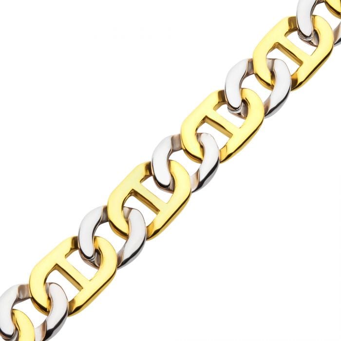 INOX JEWELRY Bracelets 18K Gold Ion Plated and Silver Tone Stainless Steel Dual-Tone 11mm Mariner Link Chain Bracelet BR44161GP-85