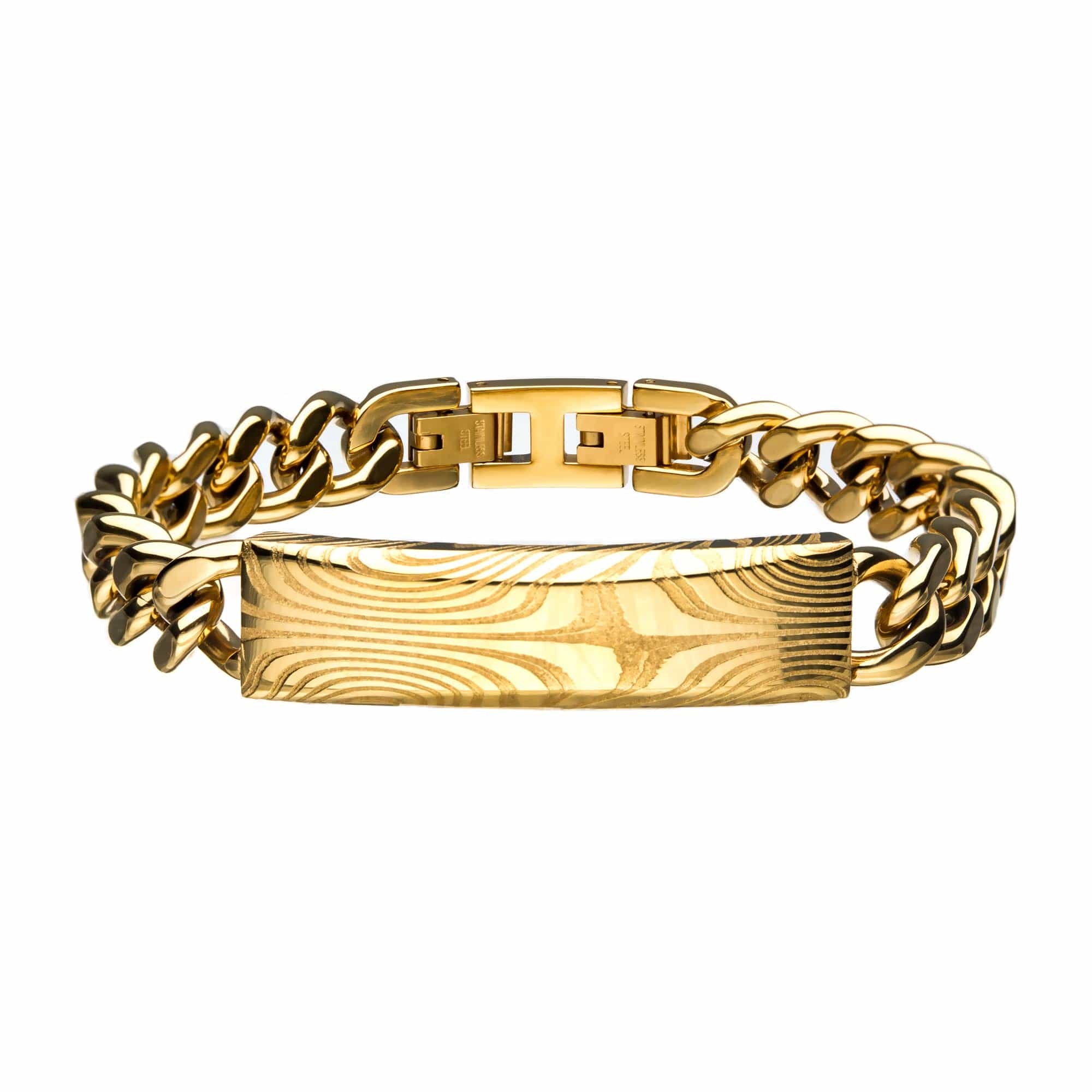 INOX JEWELRY Bracelets 18K Gold Ion Plated Damascus Steel Curb Chain Bracelet BRDMS013GP