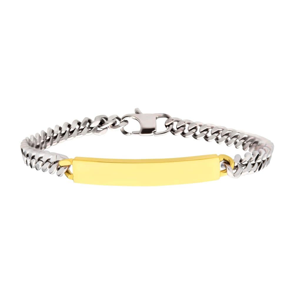 INOX JEWELRY Bracelets 5.5mm Steel Curb Chain Two-tone Bracelet with 18Kt Gold IP Engravable ID Plate BR44162GP-85