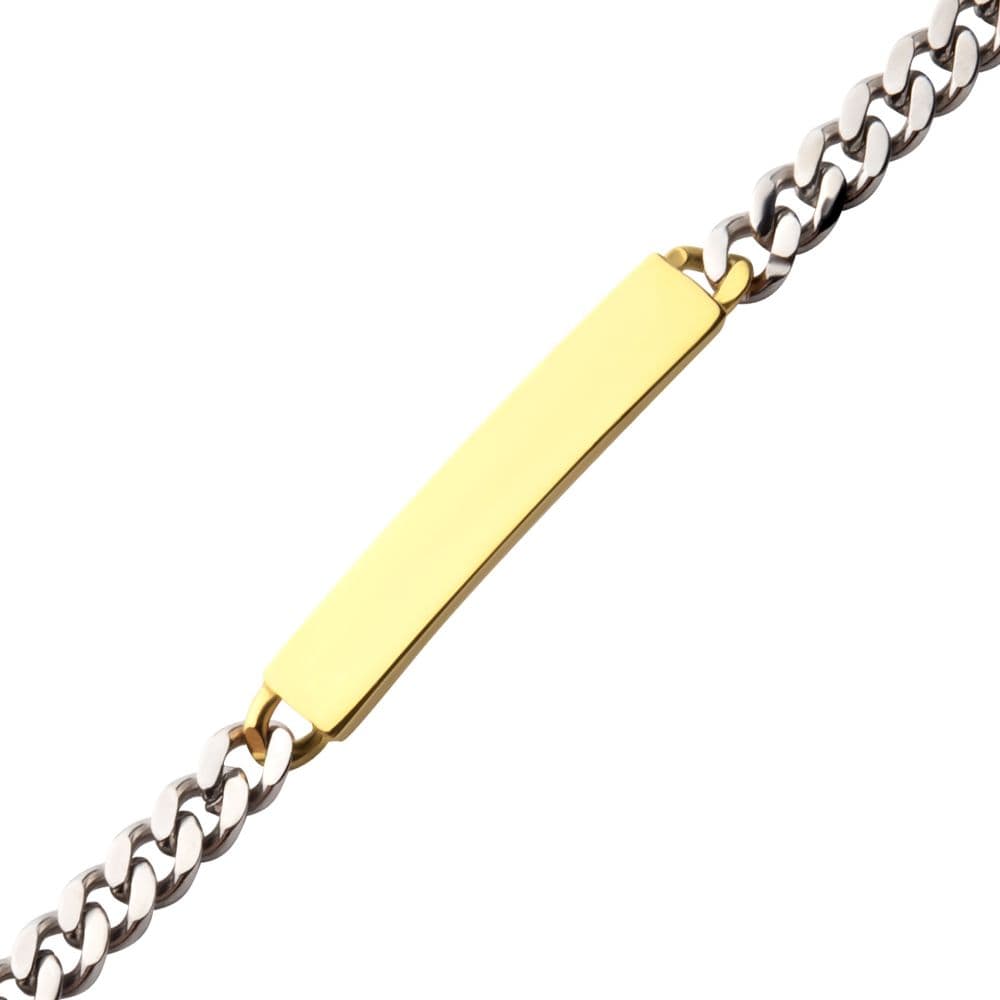 INOX JEWELRY Bracelets 5.5mm Steel Curb Chain Two-tone Bracelet with 18Kt Gold IP Engravable ID Plate BR44162GP-85
